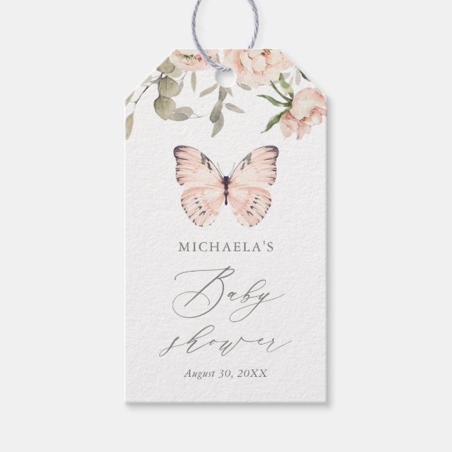 Pink Floral Butterfly Girl Baby Shower Gift Tags (Front)