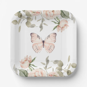 Pink Floral Butterfly Girl Baby Shower Paper Plate