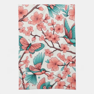 Pink Floral Butterfly Hummingbirds Kitchen Towel