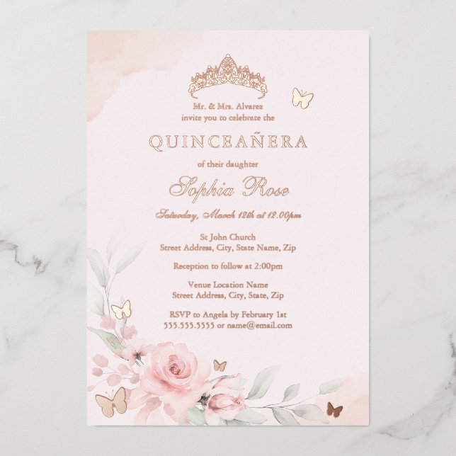 Pink Floral Butterfly Rose Gold Quinceanera 15th (Front)