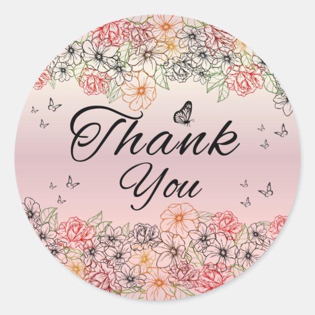 Pink Floral Butterfly Round Thank You Sticker (Front)