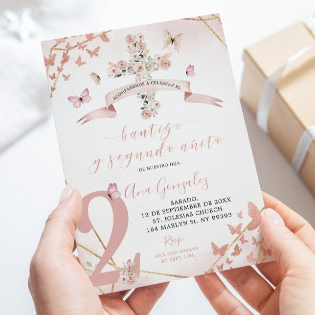 Pink Floral Butterfly Spanish Baptism 2nd Birthday Invitation (Creator Uploaded)