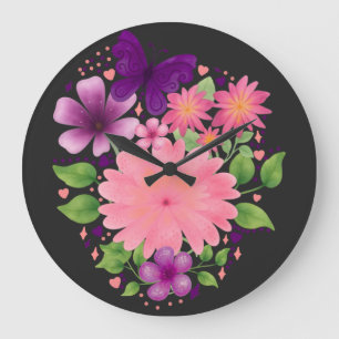 Pink Floral Butterfly Watercolor Design Large Clock