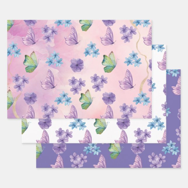 Pink Floral Butterfly  Wrapping Paper Sheet (Set)
