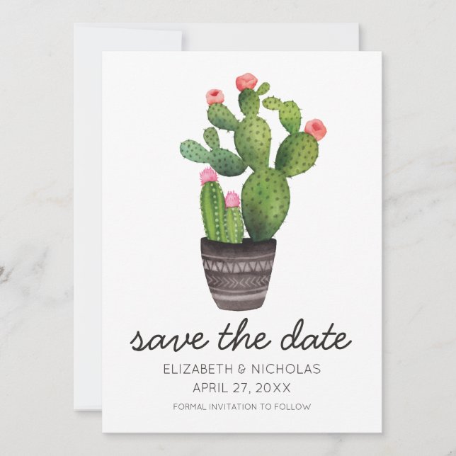 Pink Floral Cactus - Save The Date (Front)