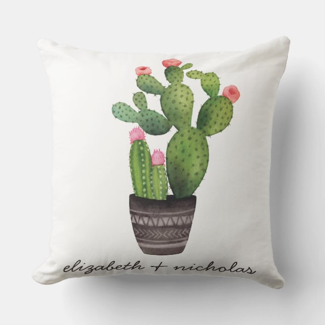 Pink Floral Cactus Throw Pillow (Front)