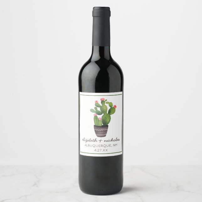 Pink Floral Cactus Wine Label (Front)