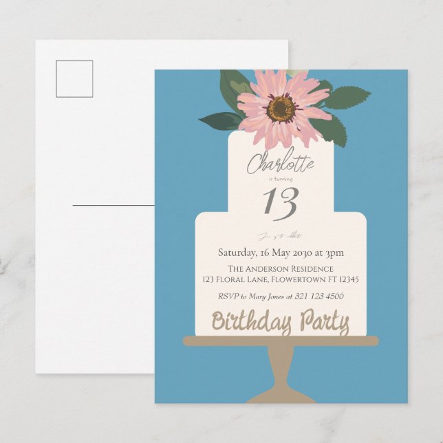Pink Floral Cake Birthday Party  Postcard (Front/Back)