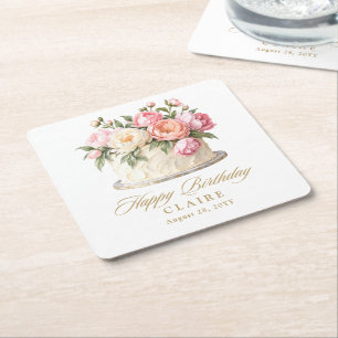 Pink Floral Cake Elegant Birthday Party Square Paper Coaster