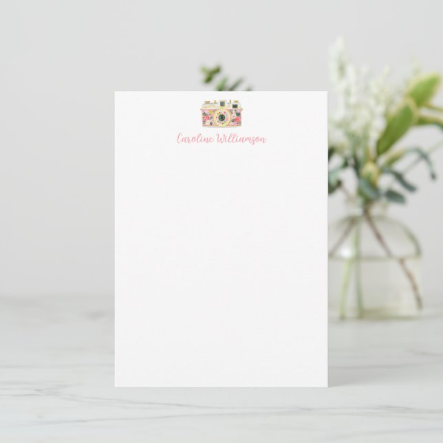 Pink Floral Camera Watercolor Personalized Name Card (Standing Front)