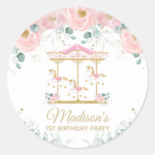 Pink Floral Carousel Merry Go Round Birthday Favor Classic Round Sticker