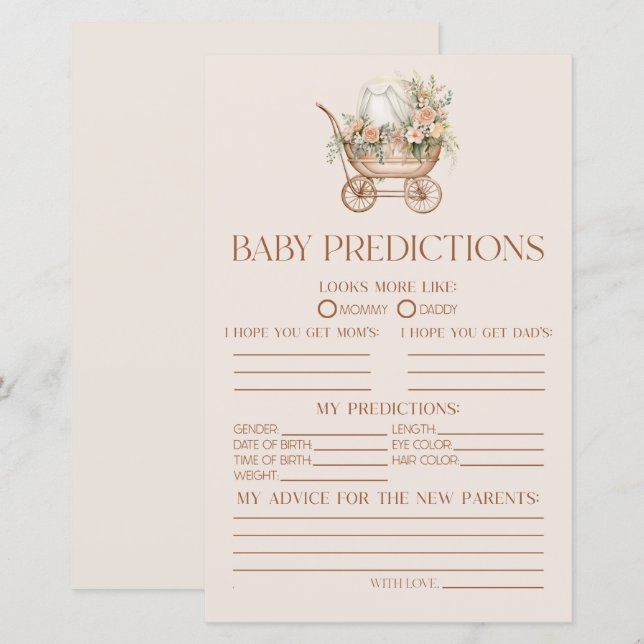 Pink Floral Carriage Baby Shower Predictions Game (Front/Back)
