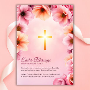 Pink Floral Catholic Cross Easter Blessings Holiday Card