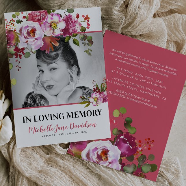 Pink Floral Celebrating Life | Photo Funeral Invitation (Creator Uploaded)