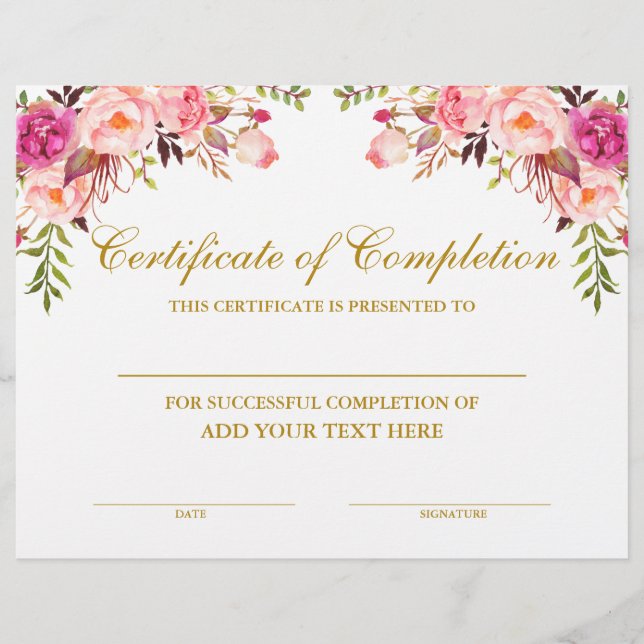 Pink Floral Certificate of Completion Gold (Front)