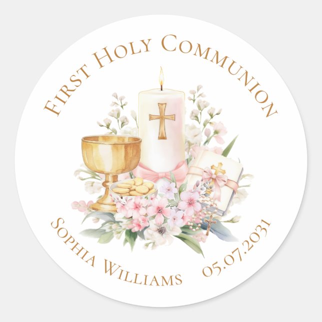 Pink Floral Chalice First Holy Communion  Classic Round Sticker (Front)