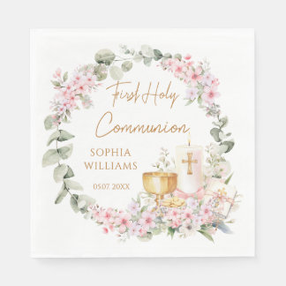 Pink Floral Chalice First Holy Communion Napkin