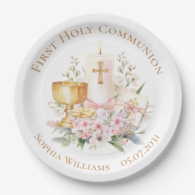 Pink Floral Chalice First Holy Communion  Paper Plate (Front)