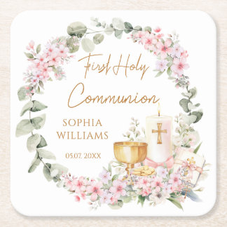Pink Floral Chalice First Holy Communion Square Paper Coaster