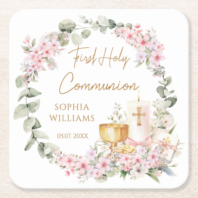 Pink Floral Chalice First Holy Communion  Square Paper Coaster (Front)