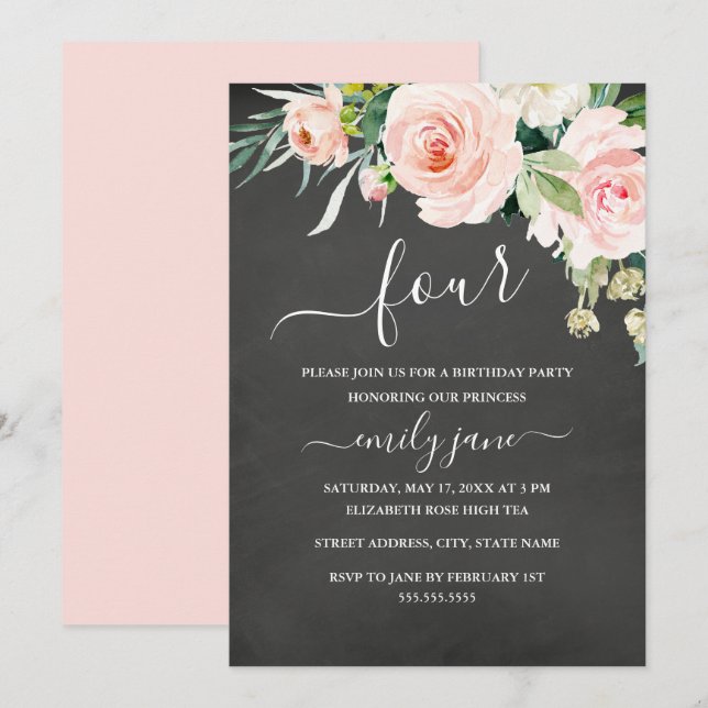 Pink Floral Chalkboard 4th Birthday Party Invitation (Front/Back)