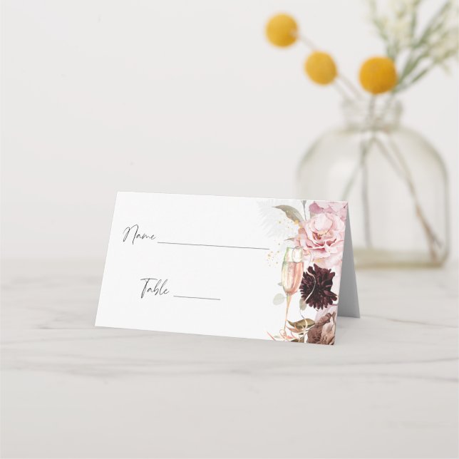 Pink Floral Champagne Bridal Shower Seating Place Card (Front)