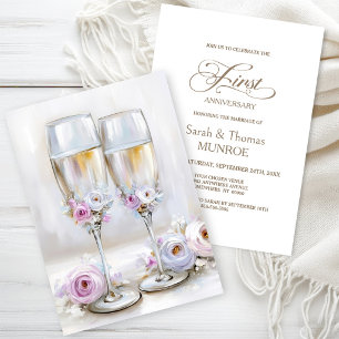 Pink Floral Champagne Glasses 1st Anniversary Invitation