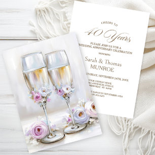 Pink Floral Champagne Glasses 40th Anniversary Invitation