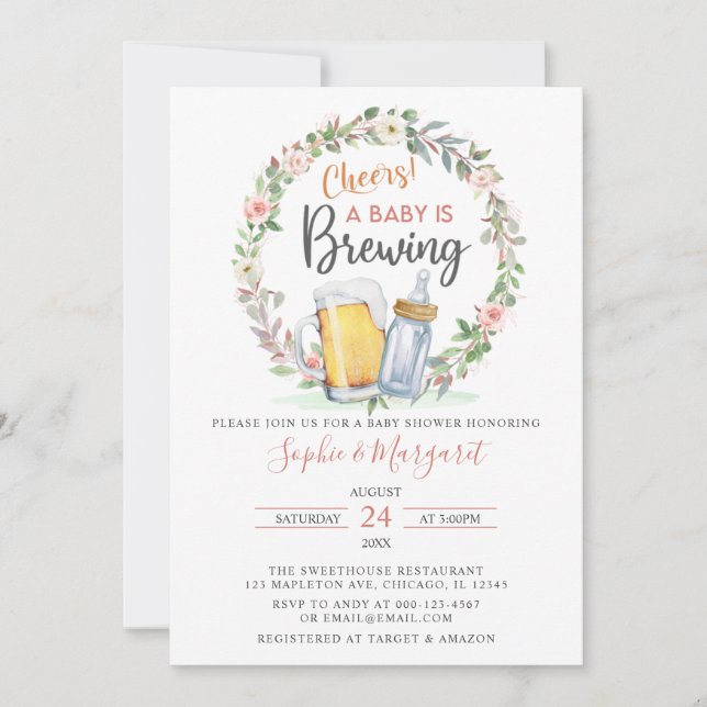 Pink Floral Cheers A Baby Is Brewing Baby Shower Invitation (Front)