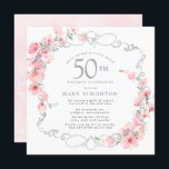 Pink Floral Cherry Blossom 50th Birthday Party Invitation<br><div class="desc">Soft blush pink cherry blossoms are entwined with an elegant silver frame. The 50th birthday party details are written in a soft grey text. This square birthday invitation has a soft pink watercolor wash on the back.It is party of the 50th Birthday Cherry Blossom collection. It contains the items you...</div>