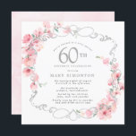 Pink Floral Cherry Blossom 60th Birthday Party Invitation<br><div class="desc">Soft blush pink cherry blossoms are entwined with an elegant silver frame. The 60th birthday party details are written in a soft grey text. This square birthday invitation has a soft pink watercolor wash on the back.It is party of the 60th Birthday Cherry Blossom collection. It contains the items you...</div>