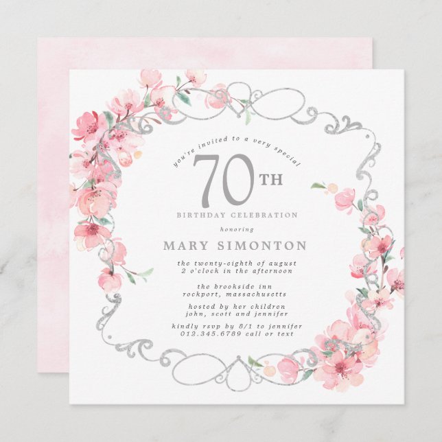 Pink Floral Cherry Blossom 70th Birthday Party Invitation (Front/Back)