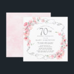 Pink Floral Cherry Blossom 70th Birthday Party Invitation<br><div class="desc">Soft blush pink cherry blossoms are entwined with an elegant silver frame. The 70th birthday party details are written in a soft grey text. This square birthday invitation has a soft pink watercolor wash on the back. It is part of the 70th Birthday Cherry Blossom collection. It contains the items...</div>