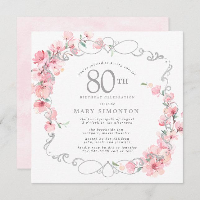 Pink Floral Cherry Blossom 80th Birthday Party Invitation (Front/Back)