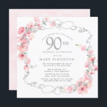 Pink Floral Cherry Blossom 90th Birthday Party Invitation<br><div class="desc">Soft blush pink cherry blossoms are entwined with an elegant silver frame. The 90th birthday party details are written in a soft grey text. This square birthday invitation has a soft pink watercolor wash on the back.It is party of the 90th Birthday Cherry Blossom collection. It contains the items you...</div>