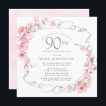 Pink Floral Cherry Blossom 90th Birthday Party Invitation<br><div class="desc">Soft blush pink cherry blossoms are entwined with an elegant silver frame. The 90th birthday party details are written in a soft grey text. This square birthday invitation has a soft pink watercolor wash on the back.It is party of the 90th Birthday Cherry Blossom collection. It contains the items you...</div>