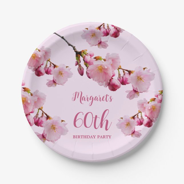 Pink Floral Cherry Blossom Sakura Birthday Party Paper Plate (Front)