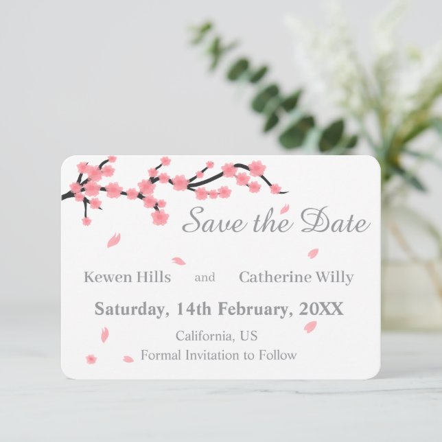 Pink Floral Cherry Blossom Save the Date (Standing Front)