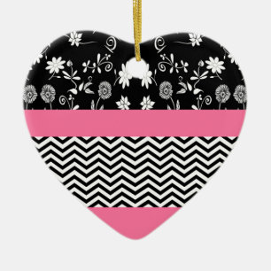 pink floral chevron ceramic ornament