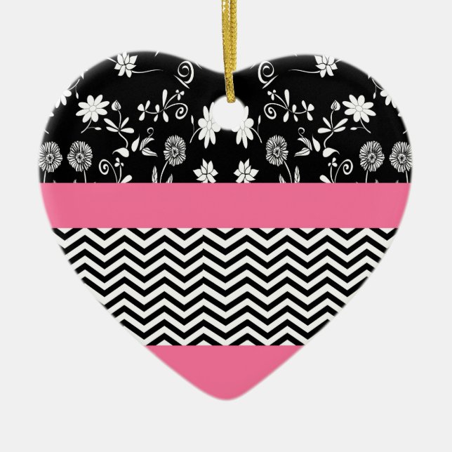 pink floral chevron ceramic ornament (Front)