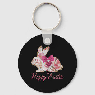 Pink Floral Chinoiserie Bunny Happy Easter Day Gir Keychain