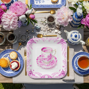 Pink Floral Chinoiserie Teacup WIllow pagoda Paper Plate