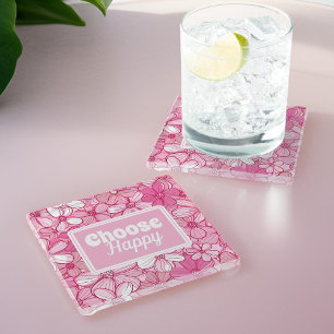 Pink Floral Choose Happy Glass Coaster