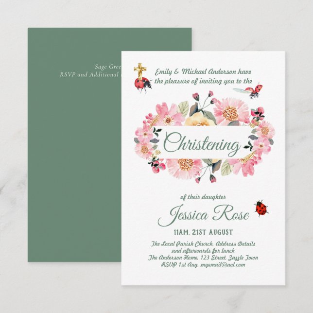 Pink Floral Christening Invites Baptism  (Front/Back)