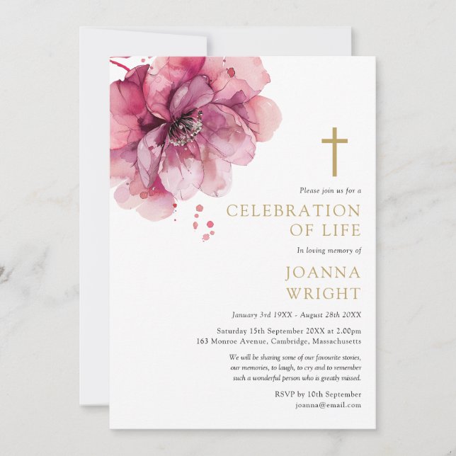 Pink Floral Christian Celebration Of Life Funeral Invitation (Front)