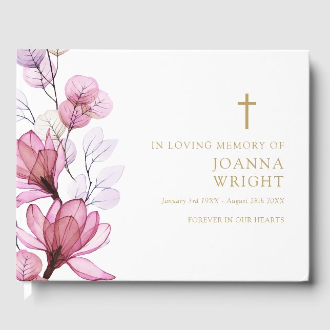 Pink Floral Christian In Loving Memory Funeral Guest Book (Front)