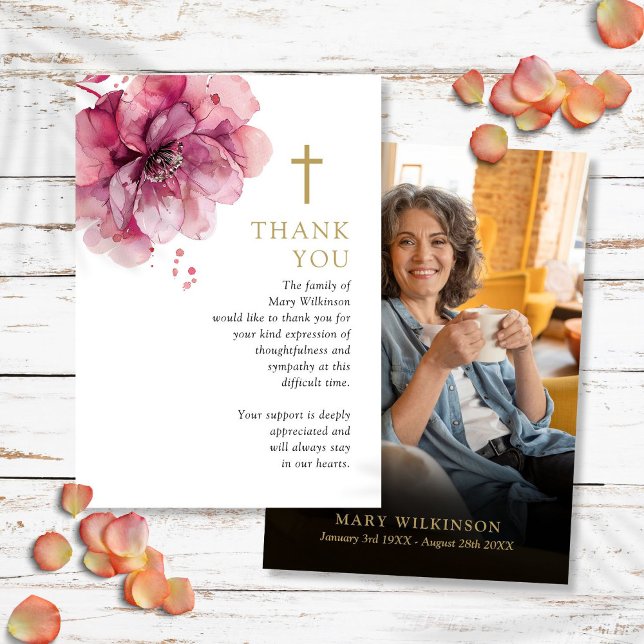 Pink Floral Christian Memorial Funeral Photo Thank You Card (Pink Floral Christian Memorial Funeral Photo Thank You Card)