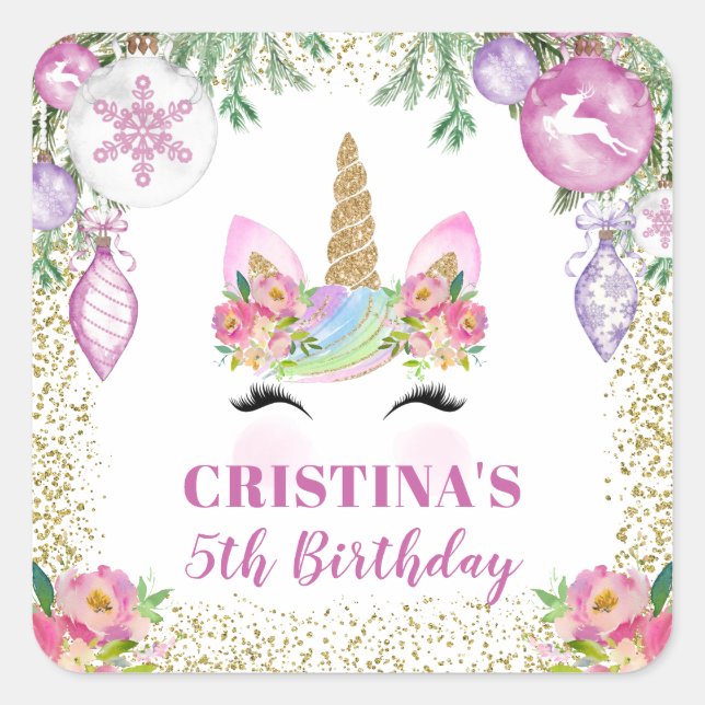 Pink Floral Christmas Unicorn Party Favour Square Sticker (Front)