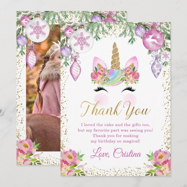 Pink Floral Christmas Unicorn Photo Carte de remer (Devant / Derrière)