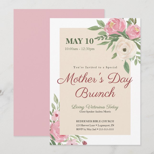 Pink Floral Church Mother's Day Brunch Invitation (Front/Back)